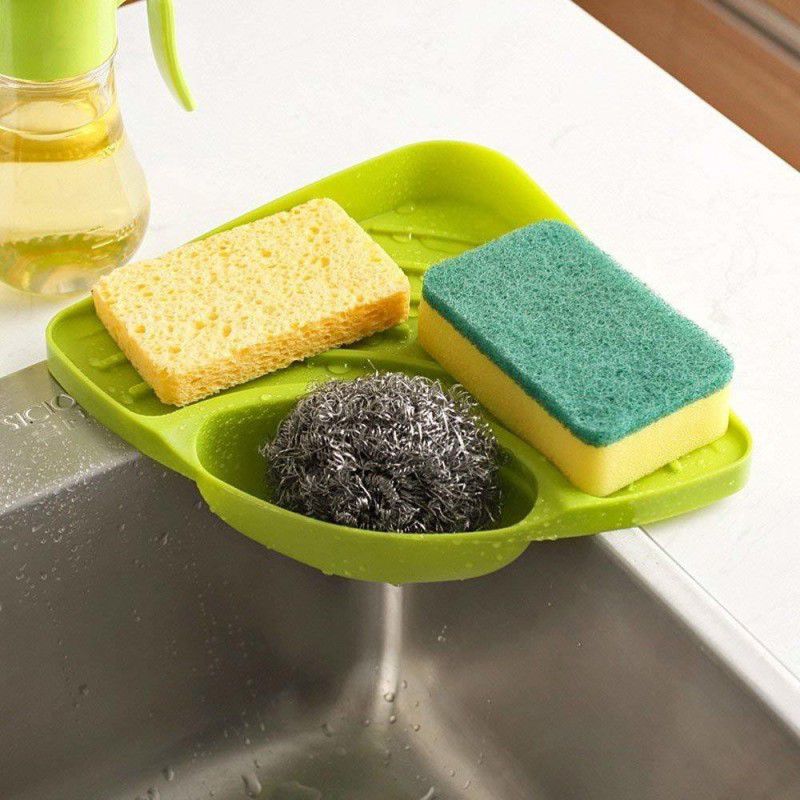 Teneza Kitchen Sink Corner Wash Basin Sponge Soap Scrub Brush Storage Holder Rack Sink Sponge Holder Plastic Wall Shelf  (Number of Shelves - 1, Green)