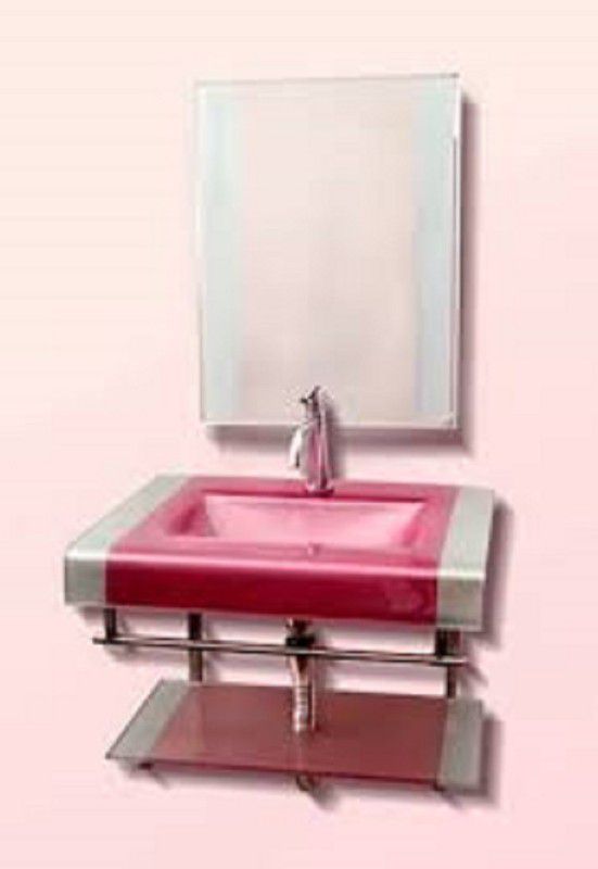 Vision glass Oath Vision Glass Wash Basin With Mirror, Self & Steel Stand. Wall Hung Basin  (Pink)