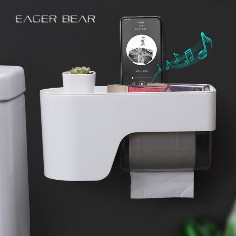 EAGER BEAR Magic Sticker Self Adhesive Chic Bathroom Full Covered with Mobile Stand/Storage Plastic Toilet Paper Holder  (Lid Included)
