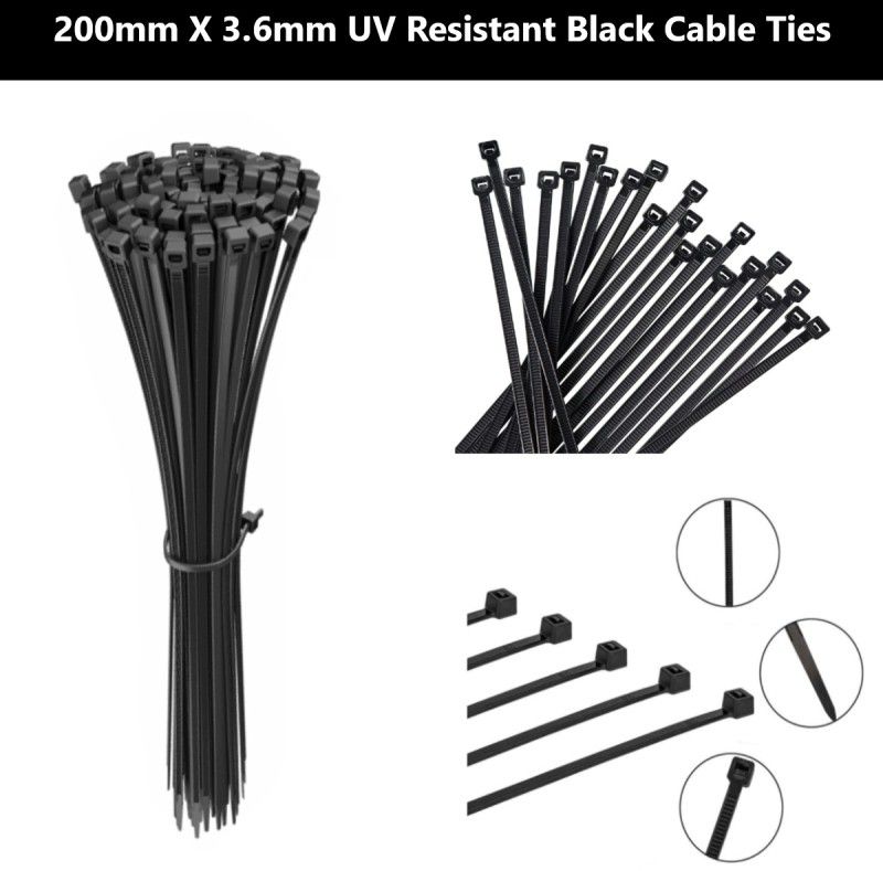 IM INDUSTRIES 200 X 3.6mm Heavy Duty - High Tensile Strength UV Resistant Black Nylon Standard Cable Tie  (Black Pack of 100)