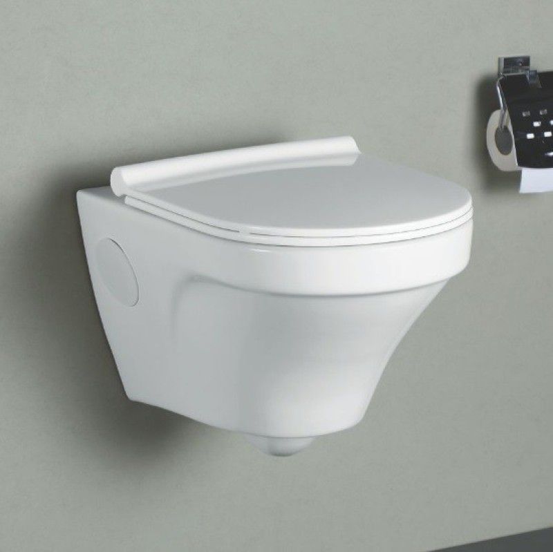 InArt Ceramic Wall Mounted, Wall Hung Rimless, Rimfree Western Toilet, Commode, Water Closet with Slow Motion Soft Close Seat Cover P Trap Outlet is from Wall Western Commode  (White)