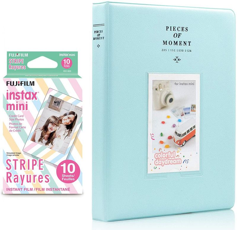 FUJIFILM Mini 10X1 stripe Instant Film With 128-sheet Ice Blue Album for mini Film Roll  (Yes 800 ISO Pack of 1)