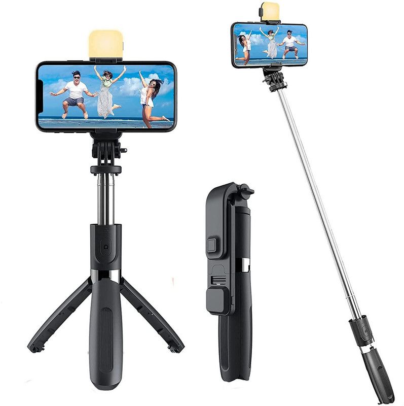 Worricow HIGH QUALITY R1S 3-in-1 Bluetooth Selfie Sticks Light Multifunctional Holder Tripod, Tripod Ball Head, Tripod Kit  (BLACK, Supports Up to 400 g)