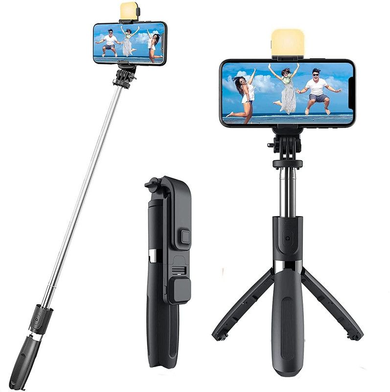 Worricow GOOD QUALITY R1S 3-in-1 Bluetooth Selfie Sticks Light Multifunctional Holder Tripod, Tripod Ball Head, Tripod Kit  (BLACK, Supports Up to 400 g)