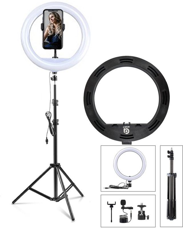 ADZOY Professional Series 6.9 Feet (210cm) Tripod Stand with 30W Dimmable LED (300 LED Power) Ring Light 12" & Metal Collar Microphone (Lapel Mic) for Mobile/Camera Photo/Video/Selfie Shoot Tripod  (White, Supports Up to 2500 g)
