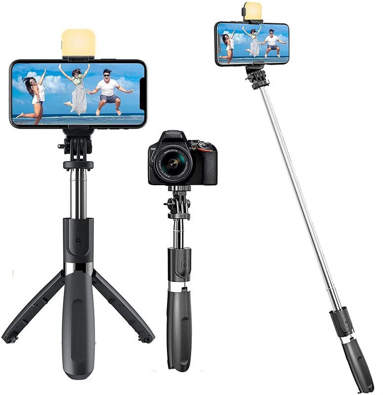 Megaloyalty NEW ARRIVAL Selfie Stick Extendable Wireless Remote Stand Lightweight Tripod  (BLACK, Supports Up to 450 g)