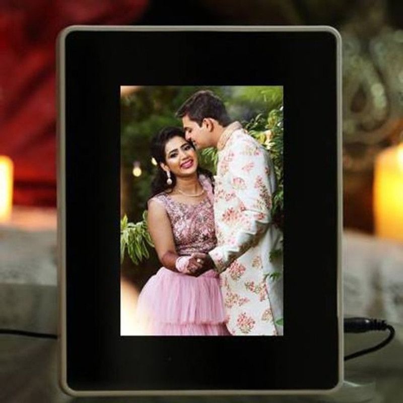 Oneclickshopping Rectangle Magic Mirror Photo Frame with LED Lights for Valentine Gift 8.5 inch Table  (White)