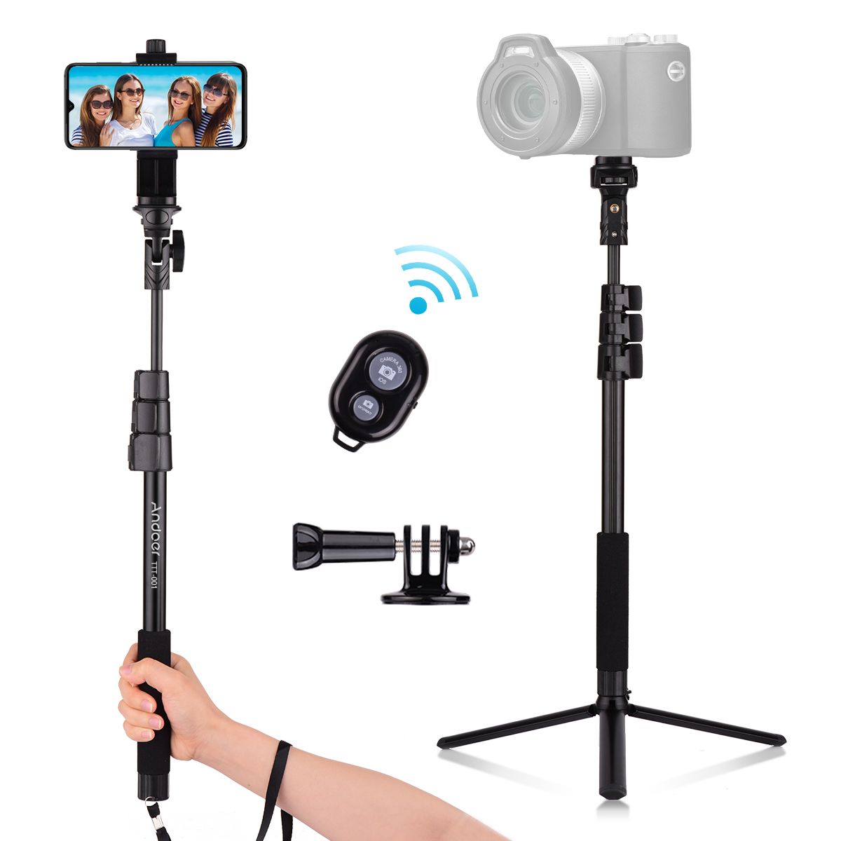 54-inch Extendable Selfie Stick Tripod Stand Aluminum Alloy with Detachable Desktop Tripod Phone Holder Sports Camera Mount Adapter Remote Shutter Compatible with iPhone and Android Phones for Selfie Group Photo Live Video