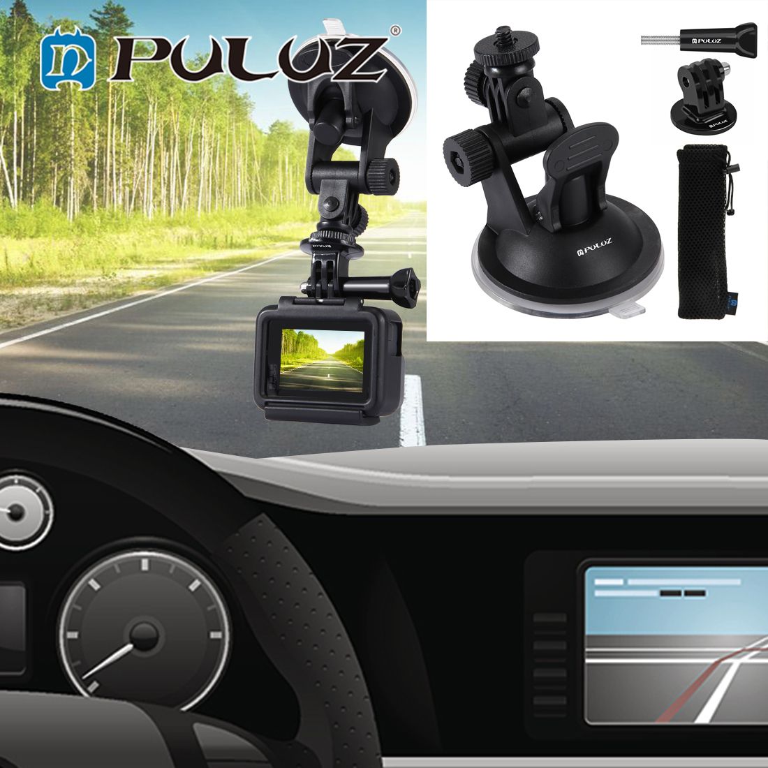 PULUZ Car Suction Cup Mount with Screw Tripod Mount Adapter Storage Bag for GoPro 9 8 NEW HERO 7 6 5 4 3+3 2 1 DJI Osmo Action Xiaoyi Action Cameras