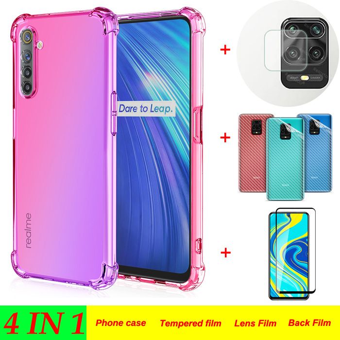 4IN1 phone case For Realme 6 /Realme 6i /Realme 6 Pro anti-fall color mobile phone case + full-screen tempered glass film + carbon fiber back film + lens film, Realme6 /Realme6i /Realme6Pro four corners anti-drop soft phone case