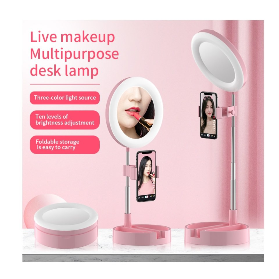 Portable Selfie Ring Light Tripod Stand with Makeup Mirror Table LED Lights Photography Lighting for Beauty Live Youtube Tik Tok