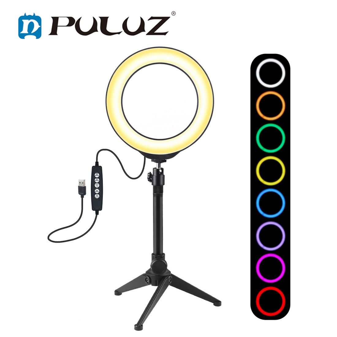 PULUZ 6.2 inch 160mm USB 10 Modes 8 Colors RGBW Adjustable Dimmable LED Round Rings Vlogging Photography Lamp Video Lights + Desktop Tripod Mount for photo light, filling light indoors, portrait, fashion, advertisement photography, shooting video etc.