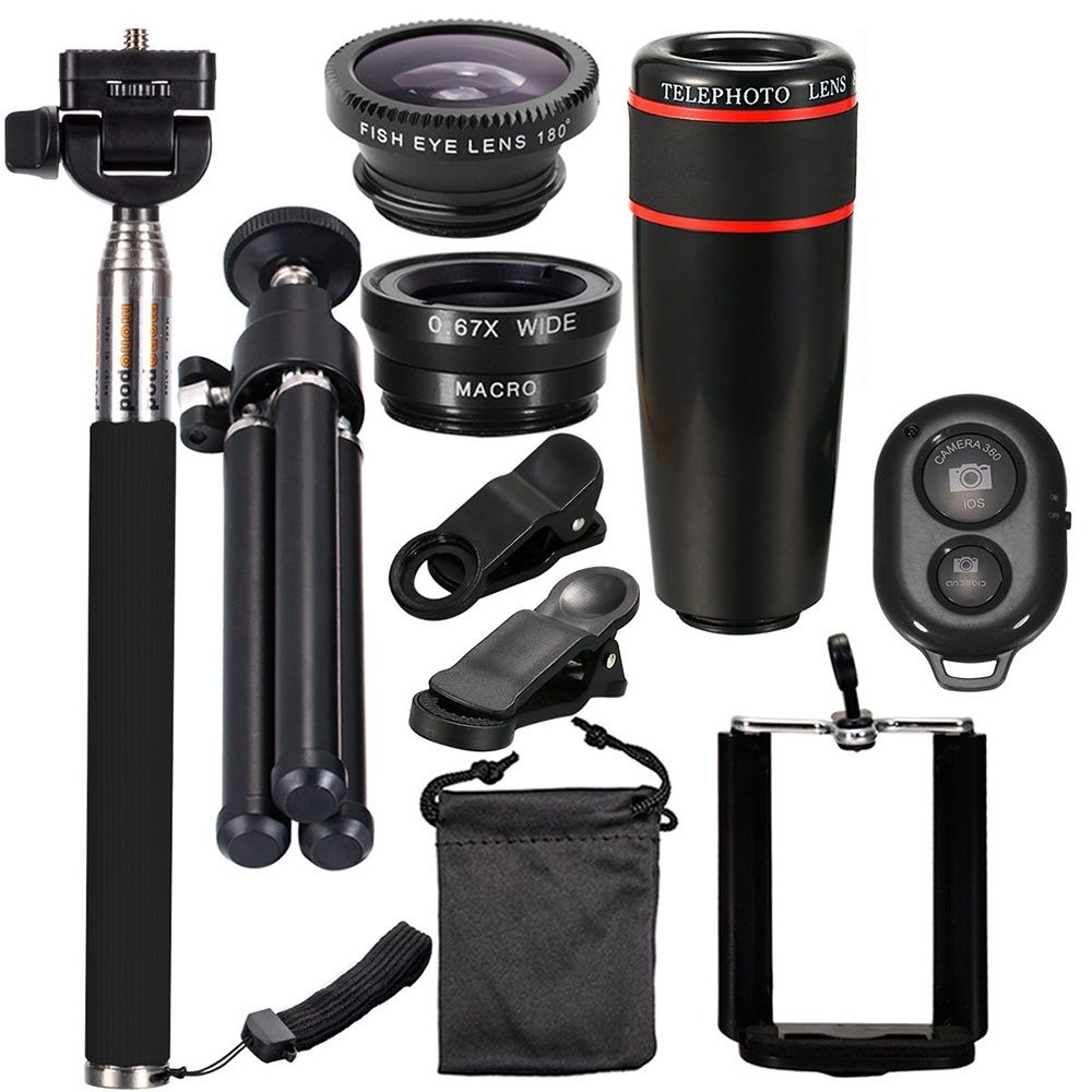 10PCS 8X Telephoto Mobile Phone Lens Universal Detachable Clip-on Lens Wide Angle + Fish Eye + Macro Lens + Selfie Stick + Tripod