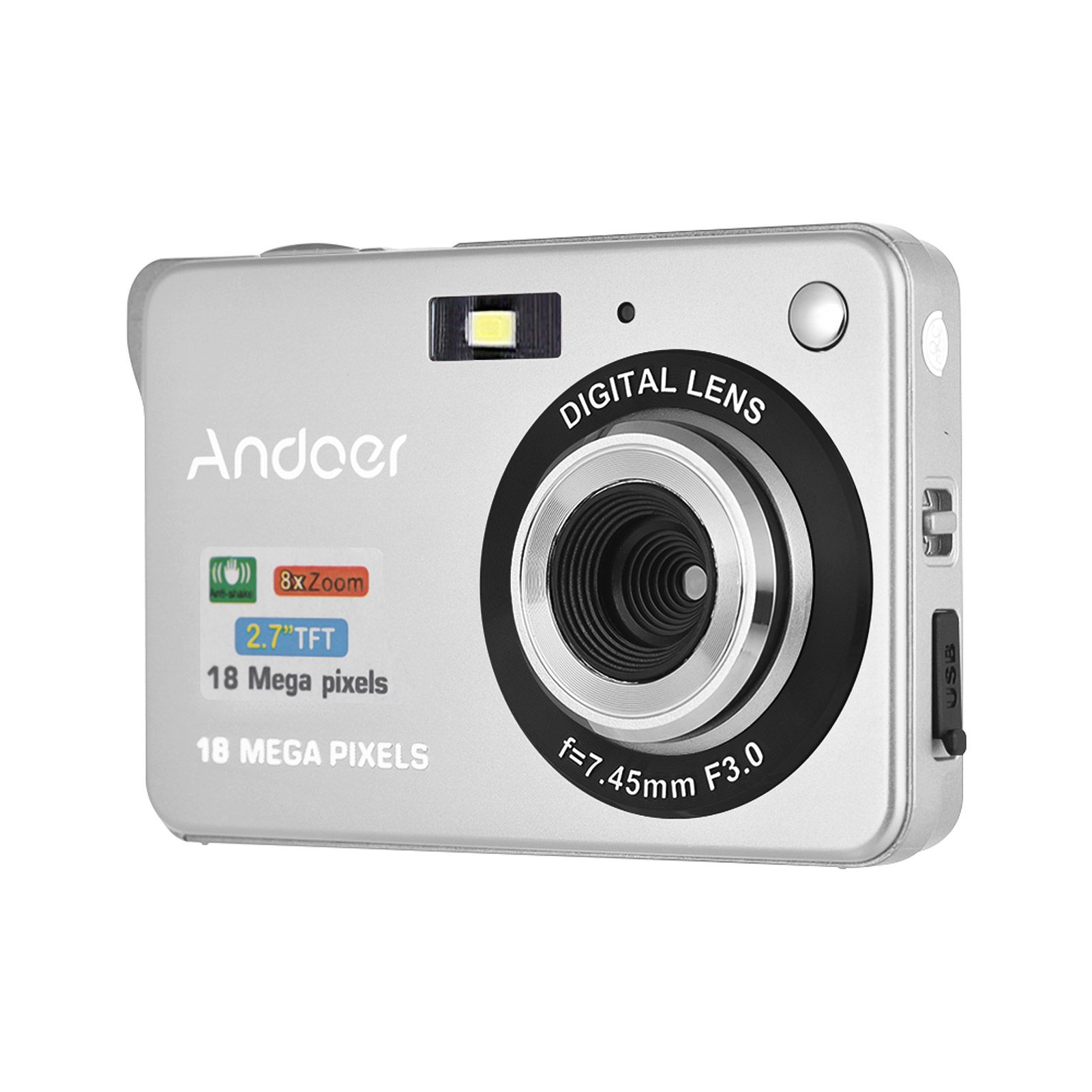 Andoer 18M 720P HD Digital Camera Video Camcorder with 2pcs Rechargeable batt-eries 8X Digital Zoom Anti-shake 2.7inch LCD Kids Christmas Gift