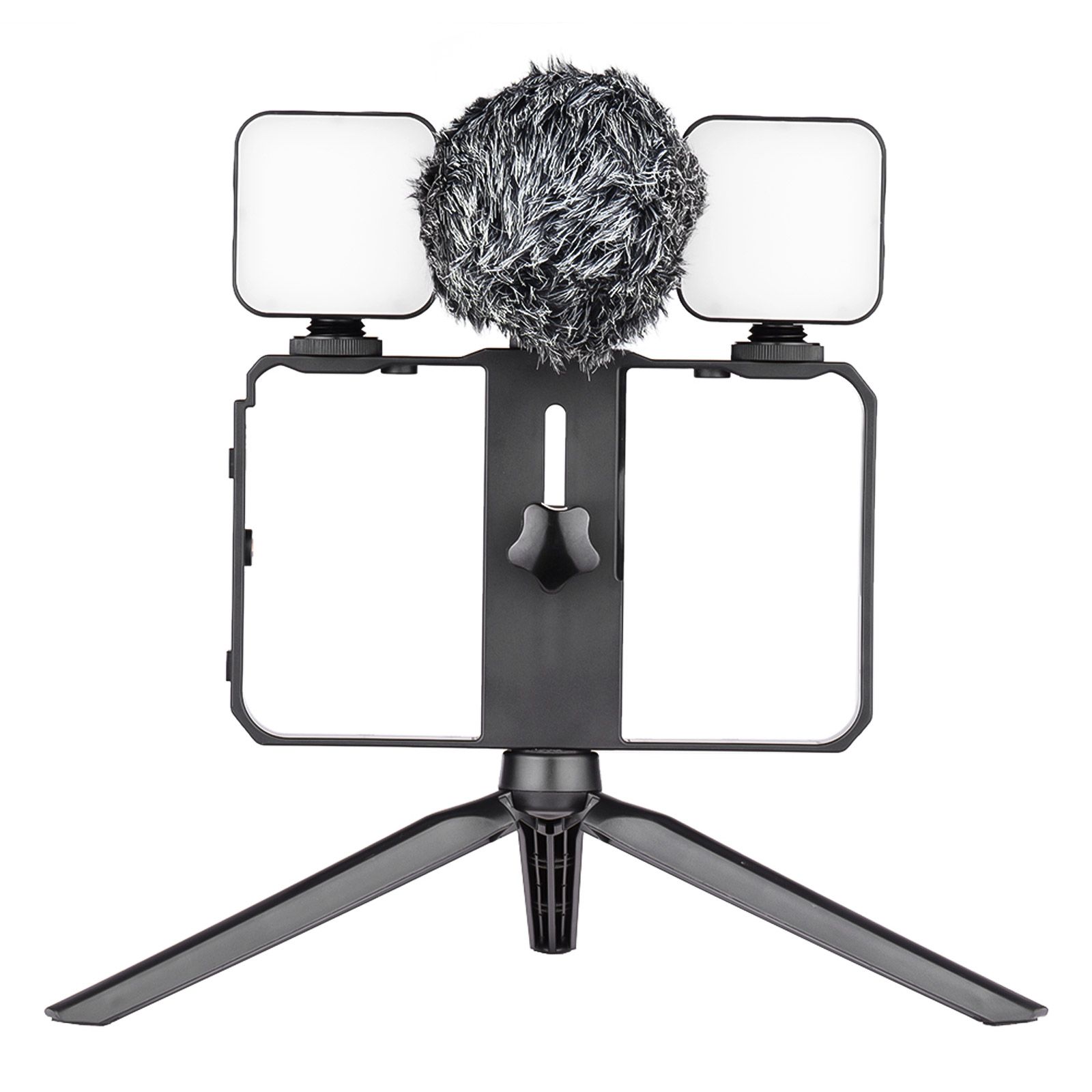 Smartphone Video Cage Kit Including 2pcs Mini LED Fill Lights + Mini Microphone with Shock Mount Wind Screen + Handheld Smartphone Video Bracket 3 Cold Shoe Mounts + Mini Desktop Tripod Stand for Phone Video Recording Live Streaming
