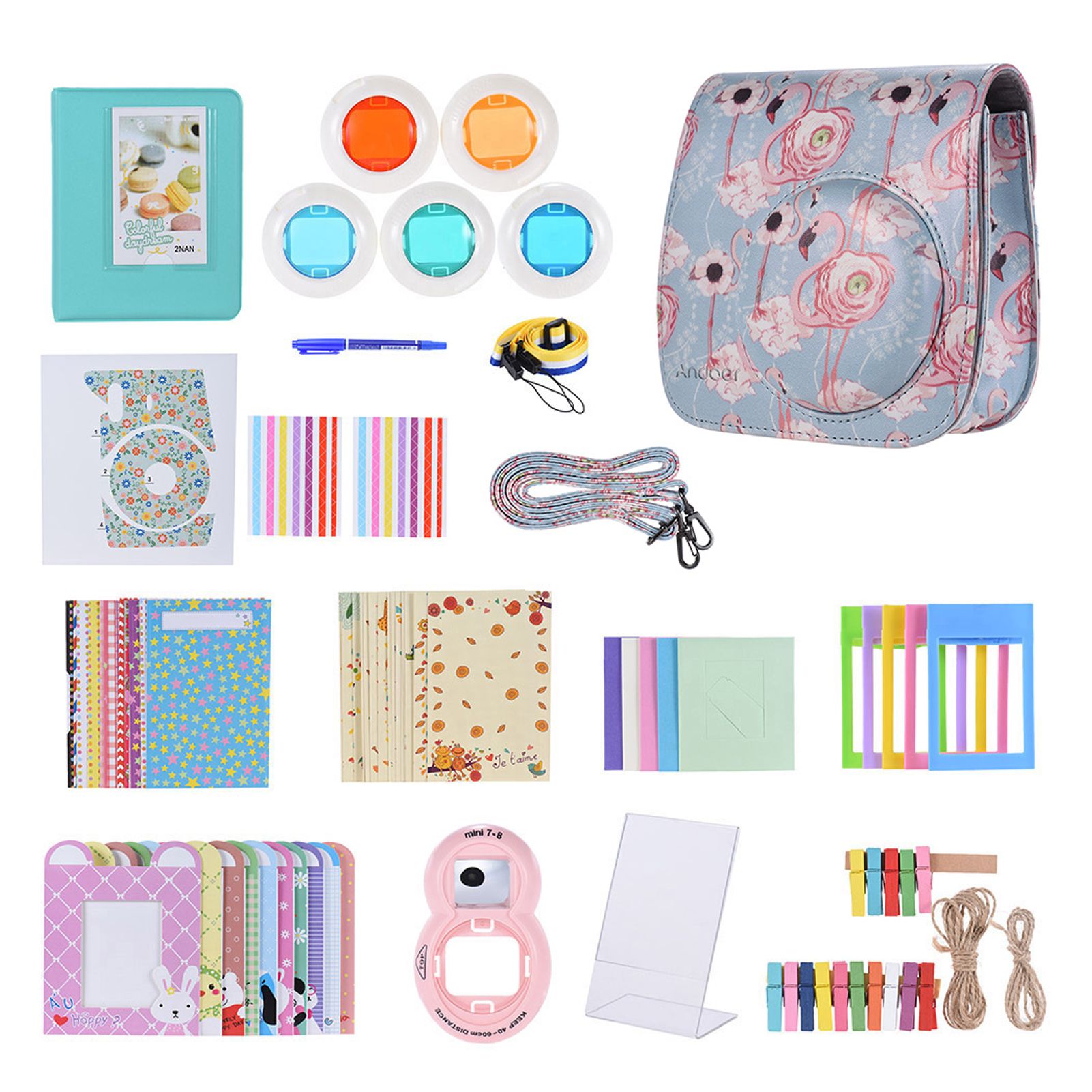 14 in 1 Accessories Kit Accessory Replacement for Fujifilm Instax Mini 9/8/8+/8s with Camera Case/Strap/Sticker/Selfie Lens/5*Colored Filter/Album/3 Kinds Film Table Frame/10*Wall Hanging Frame/40*Border Sticker/2*Corner Sticker/Pen