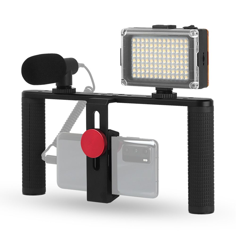 Universal Aluminum Alloy Dual Handheld Phone Cage Dual-Handgrip Video Cage with 3200K-6400K Bi-color mini LED Video Light Microphone for 40-92mm Width Smartphones for Filmmaking News Interview Vlogging