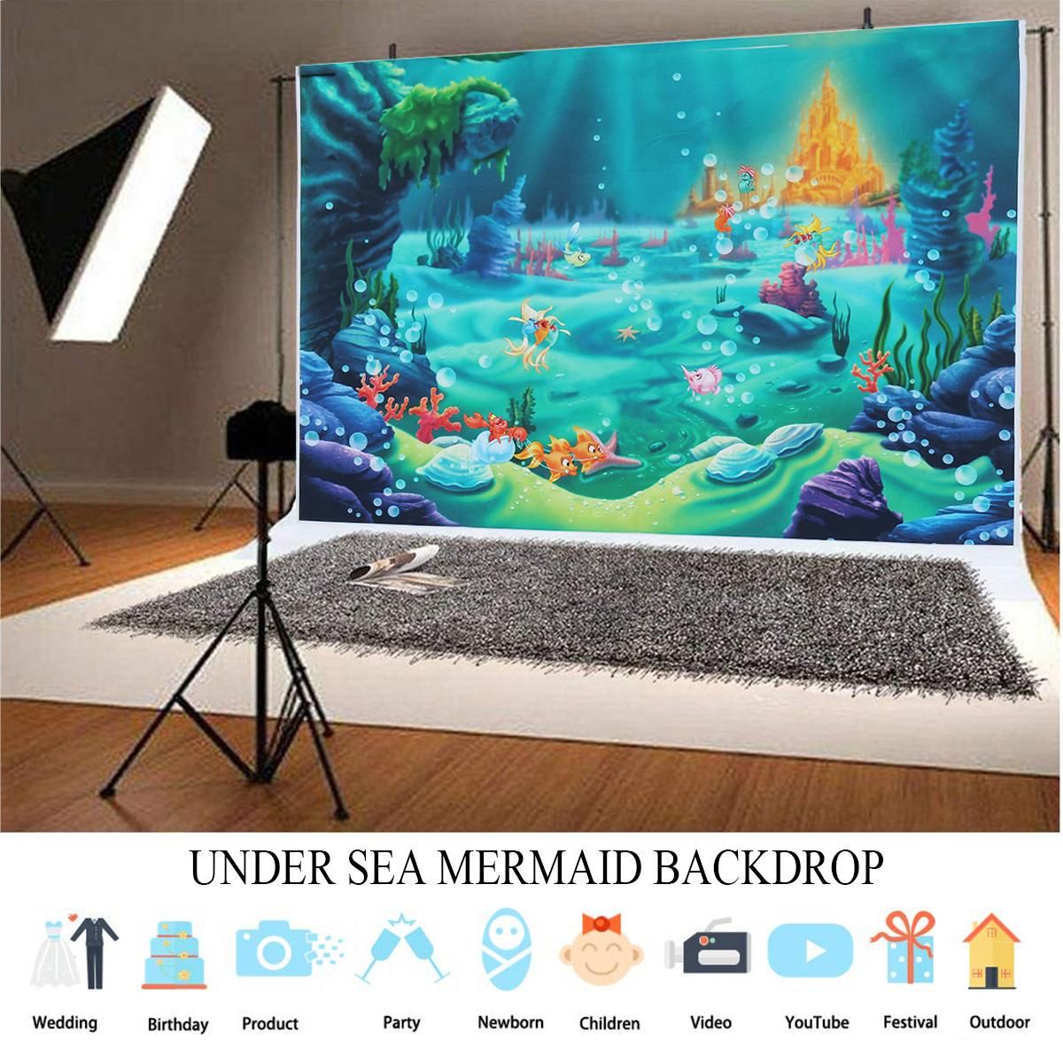 220x150cm Under Sea Mermaid Backdrop Castle Blue Cameras Sea Grass Shell Photography Back - 220*150