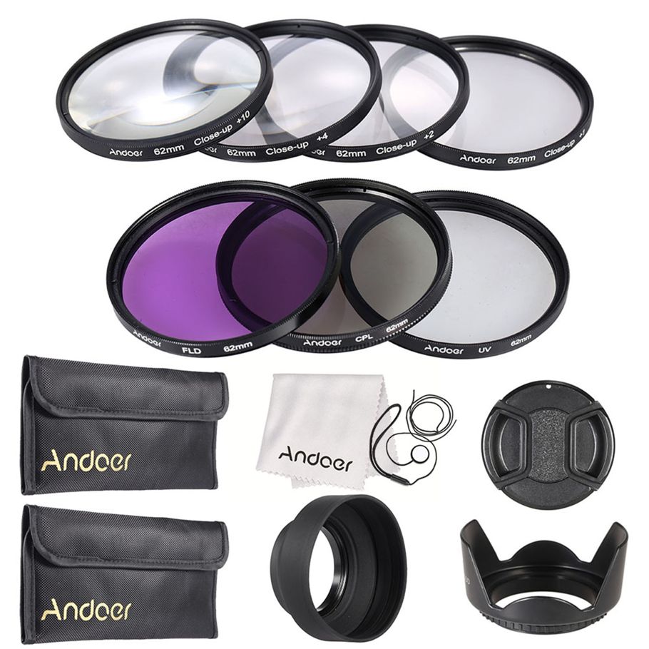 62mm UV + CPL + FLD + Close-up(+1+2+4+10) Lens Filter Kit with Carry Pouch + Lens Cap + Lens Cap Holder + Tulip & Rubber Lens Hoods + Lens Cleaning Cloth