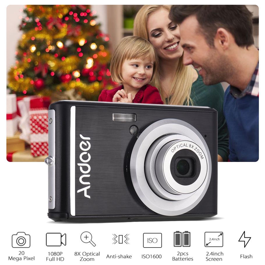 20MP 1080P Digital Camera FHD Video Camcorder with 2pcs Rechargeable Batteries 8X Optical Zoom Anti-shake 2.4inch LCD Screen Kids Christmas Gift