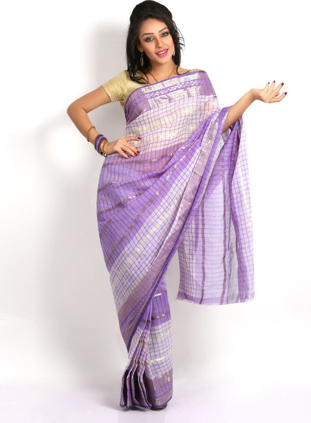 Woven Tant Handloom Cotton Blend Saree  (Purple)
