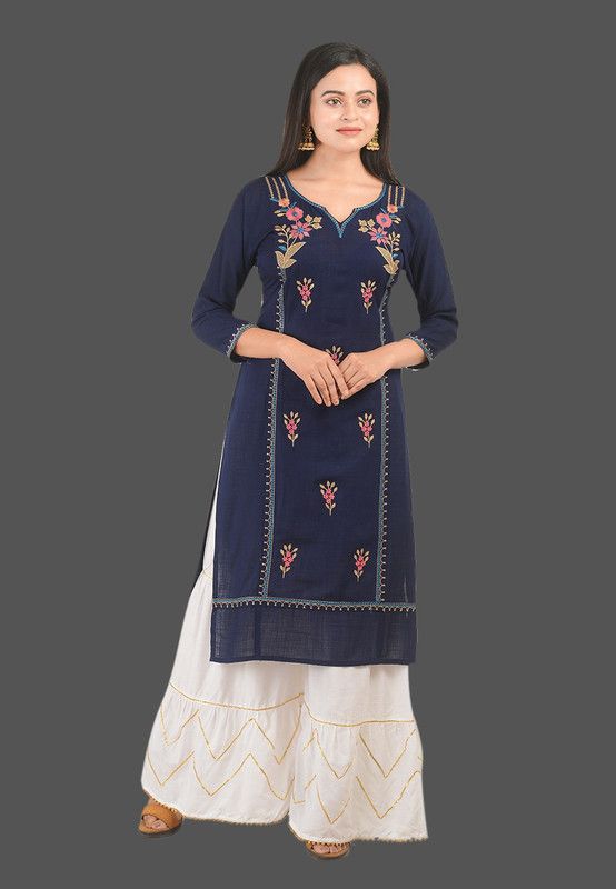 Women Embroidered Viscose Rayon Straight Kurta  (Blue)