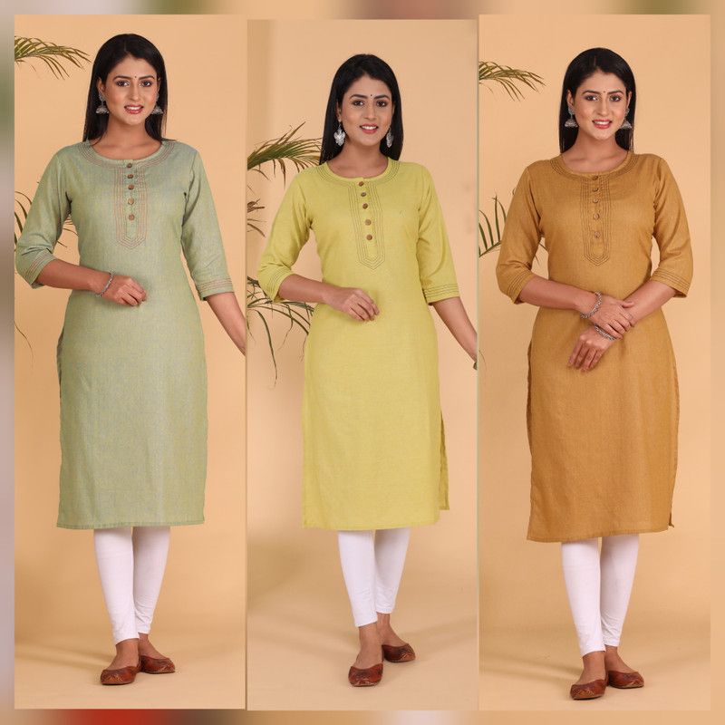 Pack of 3 Women Embroidered Cotton Blend Straight Kurta  (Multicolor)