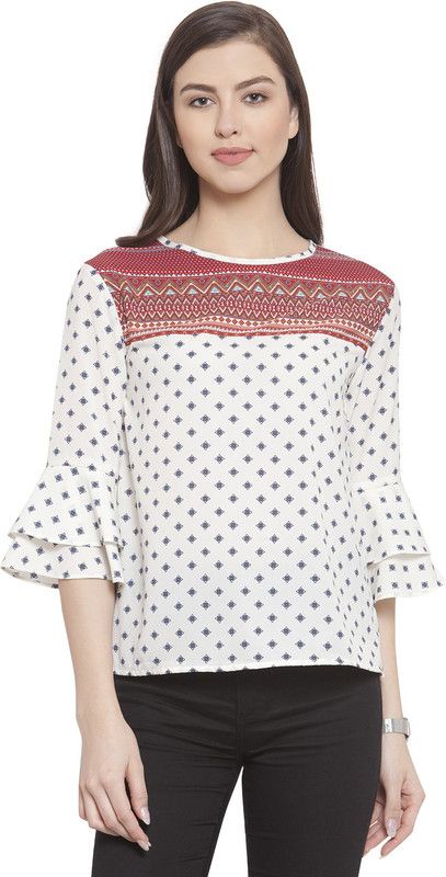 Formal Regular Sleeves Graphic Print Women White, Maroon Top