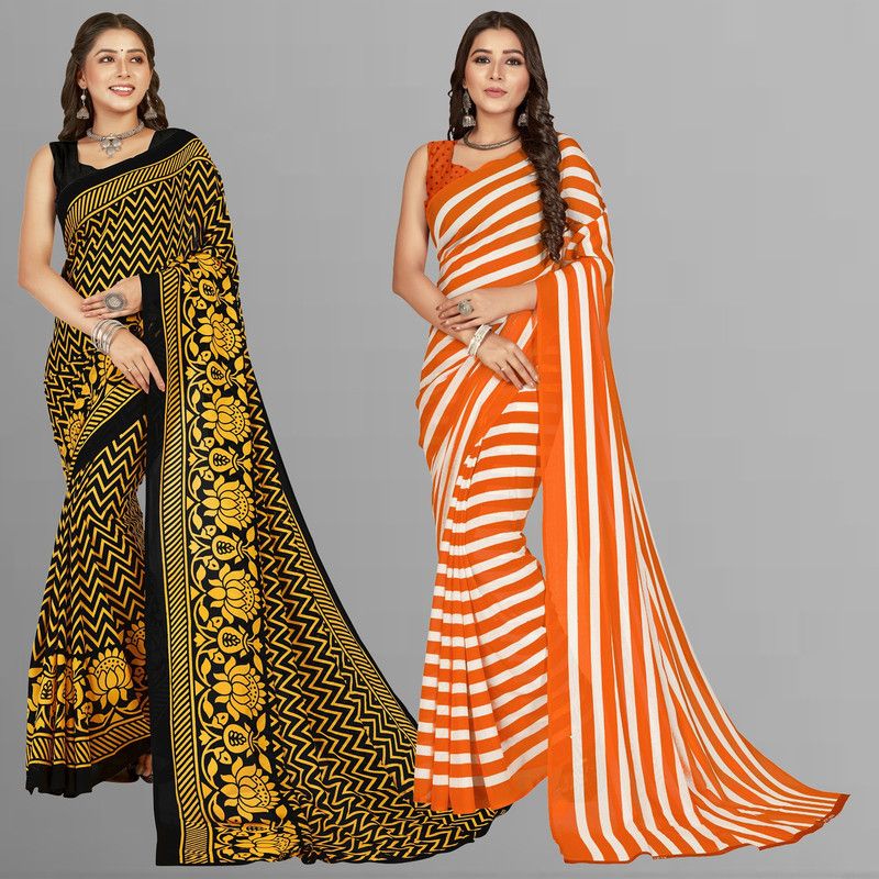 Printed, Striped Daily Wear Georgette Saree  (Pack of 2, Multicolor)