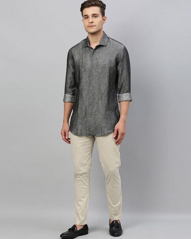 Men Tailored Fit Self Design Cut Away Collar Casual Shirt