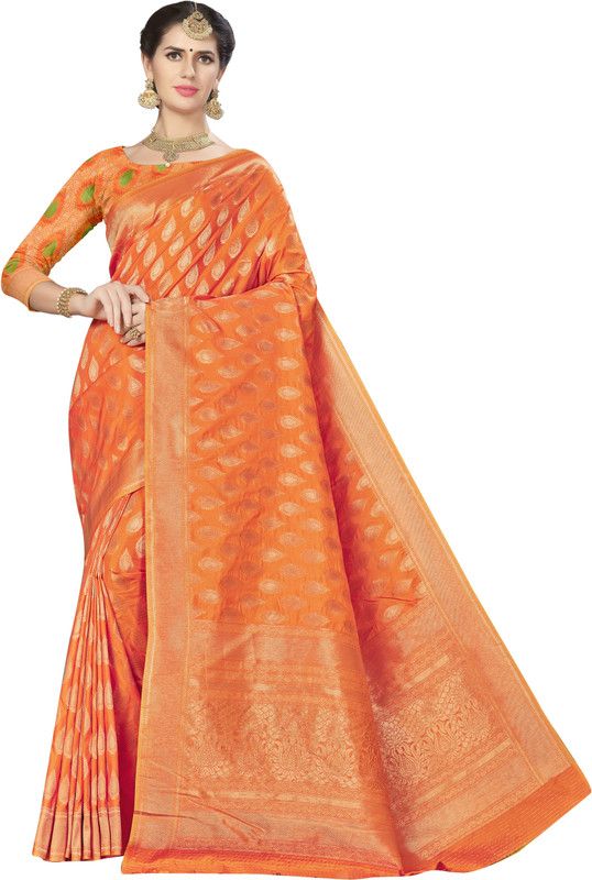 Woven Kanjivaram Silk Blend Saree  (Orange)