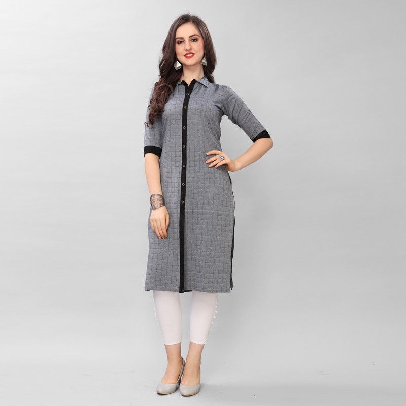 Women Checkered Cotton Blend Straight Kurta  (Black, Grey)