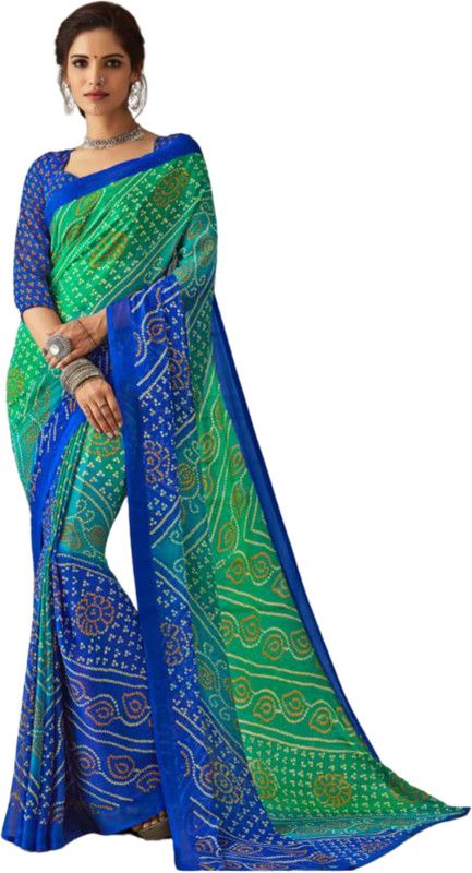Printed Bandhani Chiffon Saree  (Green, Blue)