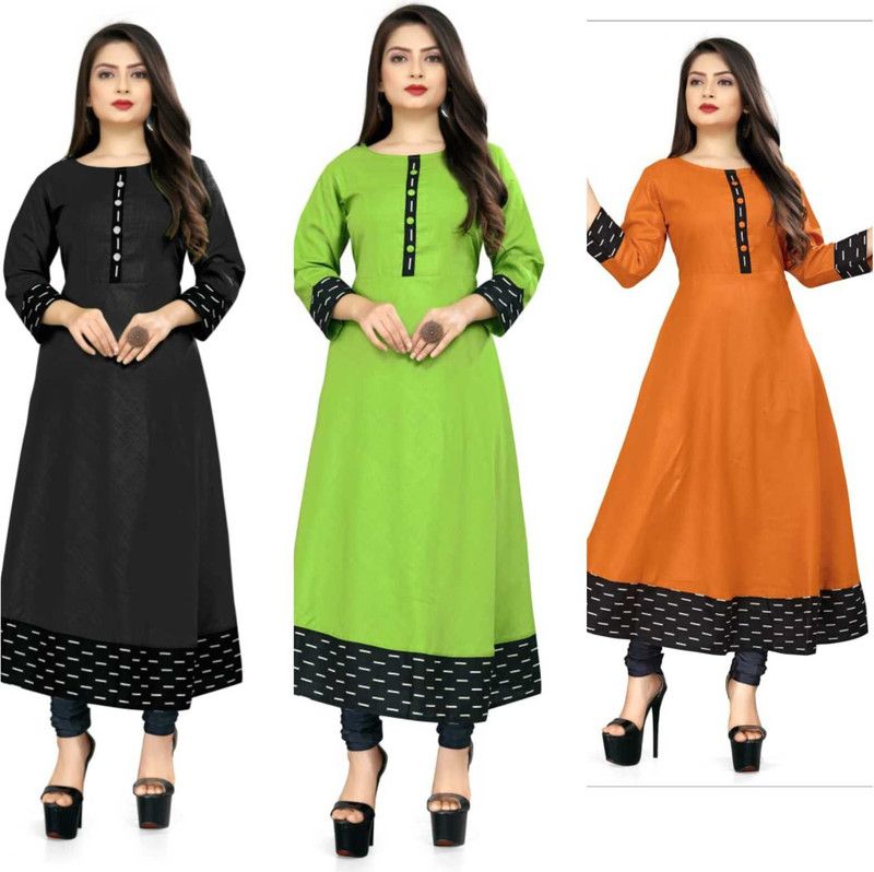 Pack of 3 Women Dyed/Ombre Cotton Blend Anarkali Kurta  (Green, Black, Orange)
