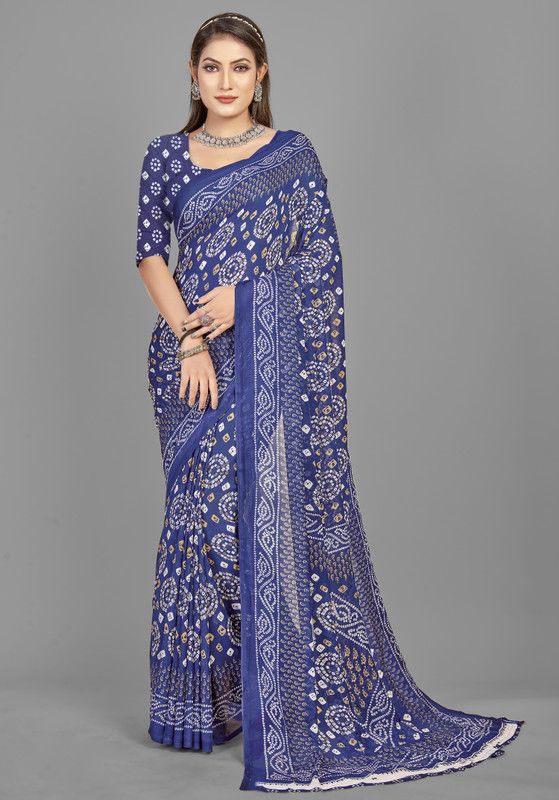 Printed Bandhani Georgette Saree  (Dark Blue)