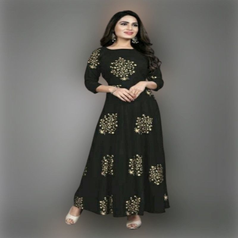 Printed Rayon Blend Stitched Flared/A-line Gown  (Black)