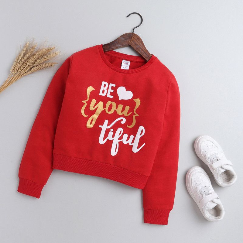 Boys & Girls Printed Round Neck Red Sweater
