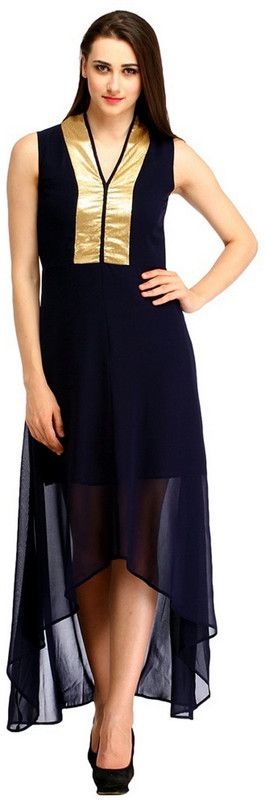 Women Solid Georgette Asymmetric Kurta  (Blue)