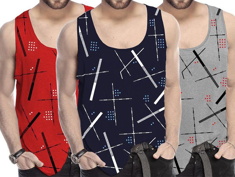 Pack of 3 Men Printed Round Neck Cotton Blend Dark Blue, Red, Grey T-Shirt