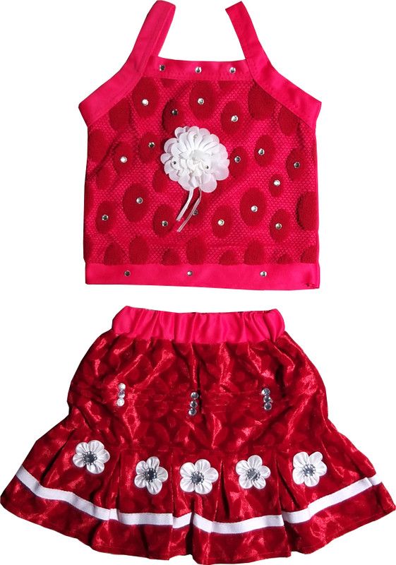 Girls Casual Top Skirt  (Red)