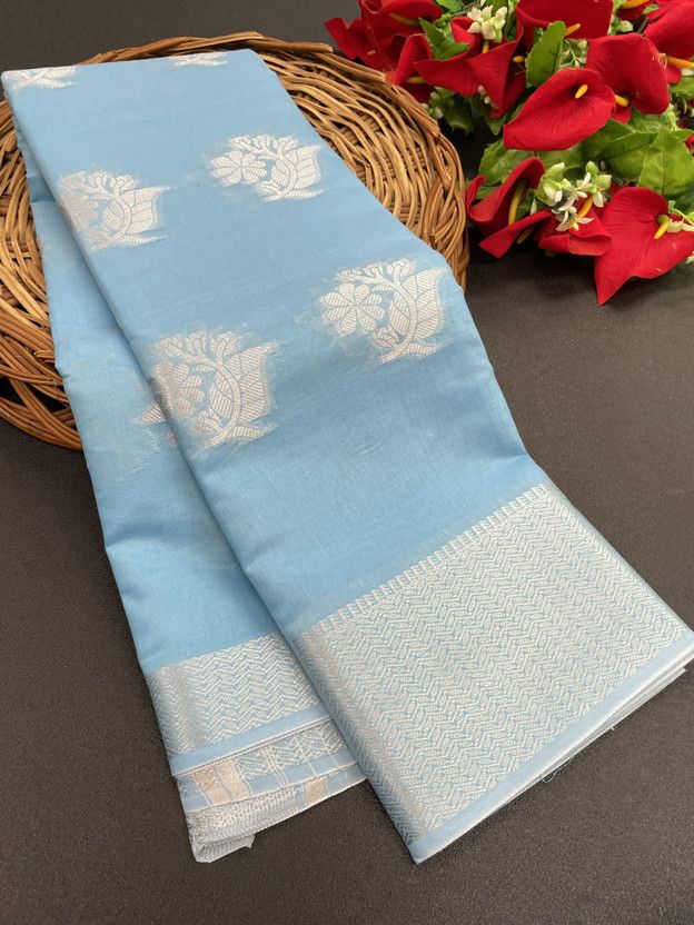 Woven Bollywood Cotton Silk Saree  (Light Blue)