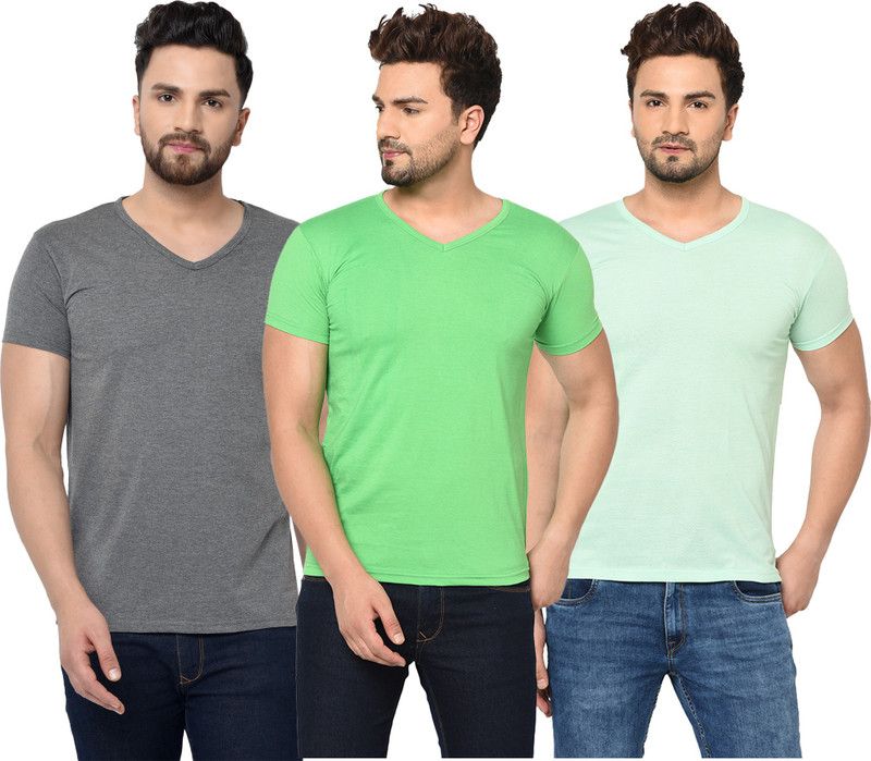Pack of 3 Men Solid V Neck Cotton Blend Light Blue, Grey, Light Green T-Shirt