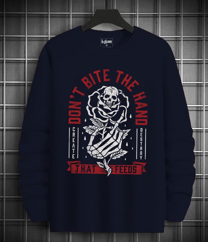 Men Printed, Typography Round Neck Cotton Blend Navy Blue T-Shirt