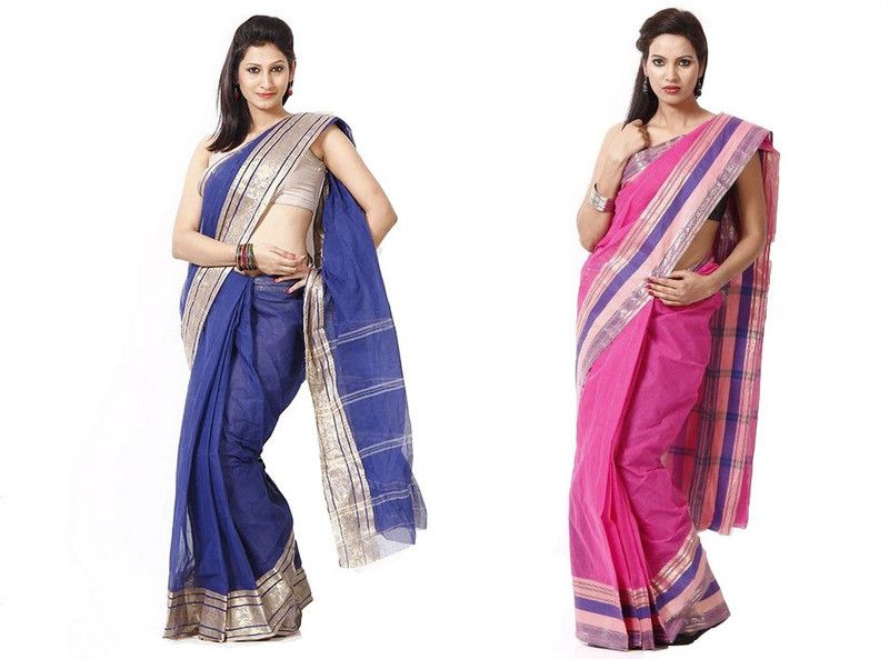 Woven Tant Handloom Cotton Blend Saree  (Pack of 2, Blue, Pink)