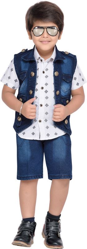 Boys Casual Shirt Jacket, Shorts  (Blue)