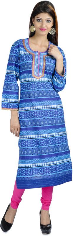 Women Printed, Embroidered Cotton Blend Straight Kurta  (Blue)