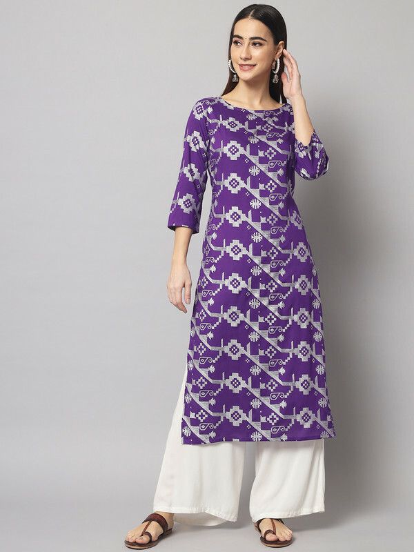 Women Block Print Viscose Rayon Straight Kurta  (Purple)