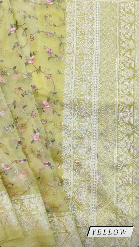 Embroidered Chettinadu Organza Saree  (Yellow)