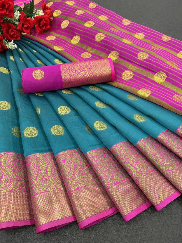 Self Design, Solid/Plain, Checkered Banarasi Silk Blend, Jacquard Saree  (Light Blue)