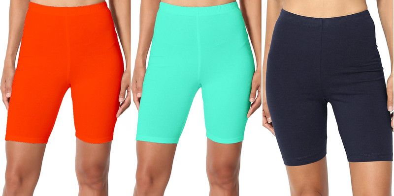 Pack of 3 Solid Women Orange, Light Green, Dark Blue Cycling Shorts, Sports Shorts